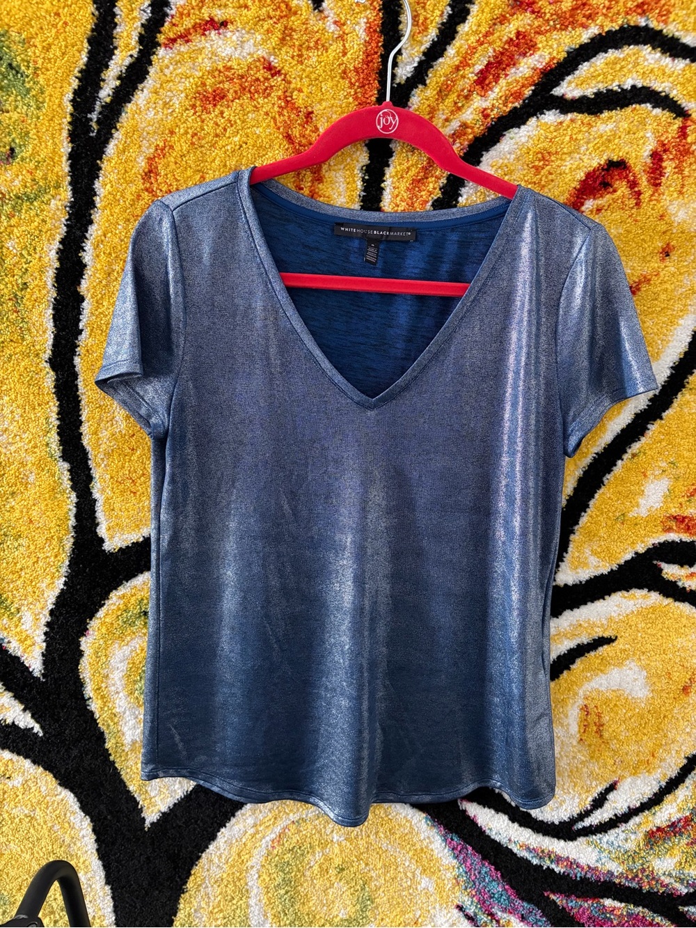 White House Black Market Shimmering Blue V-Neck Short Sleeve Top